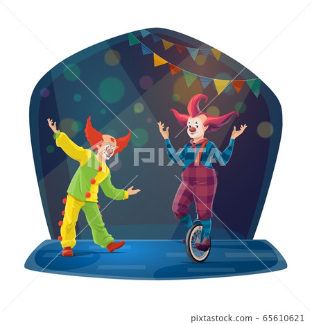 Circus clown characters on chapiteau big top arena 65610621