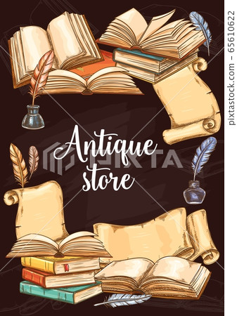 Antique books shop, vintage vector sketch poster 65610622