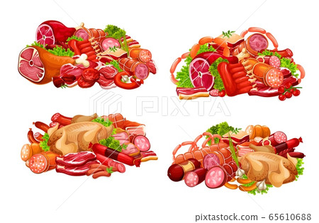 Meat and sausages vector food, butcher shop Meat and sausages vector food, butcher shop 65610688