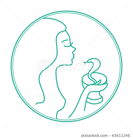 Line art of a young woman and a snake. Icon for beauty clinic, plastic surgery. A snake as a symbol of wisdom and medicine. A girl with long flowing hair and closed eyes holds a snake. Side view Line art of a young woman and a snake. Icon for beauty clinic, plastic surgery. A snake as a symbol of wisdom and medicine. A girl with long flowing hair and closed eyes holds a snake. Side view 65611248