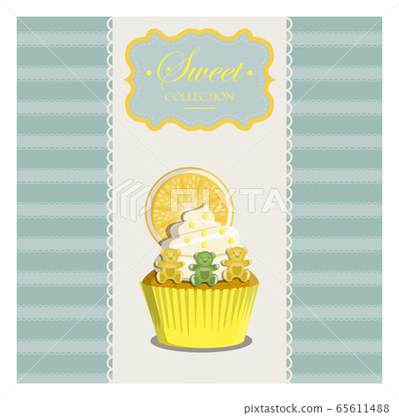 Cupcake in a retro style with a geometric background and retro elements. Vector greeting card for a birthday or holiday. Dessert for a website, bakery, menu, or pastry shop Cupcake in a retro style with a geometric background and retro elements. Vector greeting card for a birthday or holiday. Dessert for a website, bakery, menu, or pastry shop 65611488