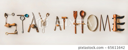Stay at home lettering made from kitchen utensils 65611642