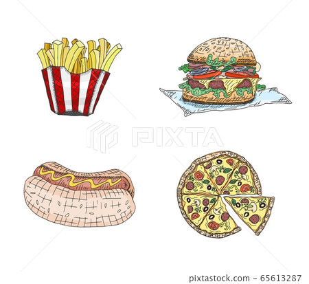 fast food products pizza hot dog sandwich. sketch fast food products pizza hot dog sandwich. sketch 65613287