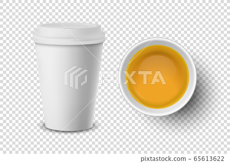 Vector 3d Realistic White Paper or Plastic Disposable Tea Cup with Green Tea Closeup Isolated on Transparent Background. Design Template, Clipart. Front and Top View 65613622