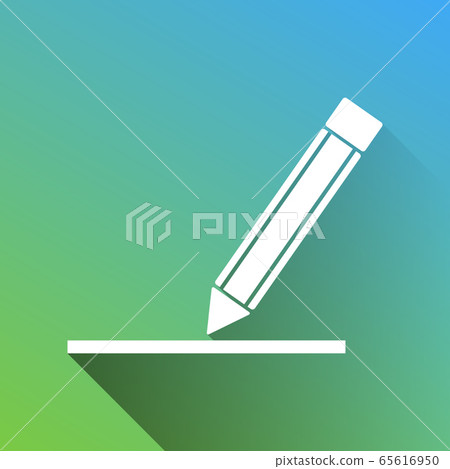 Pencil sign illustration. White Icon with gray dropped limitless shadow on green to blue background. Illustration. 65616950