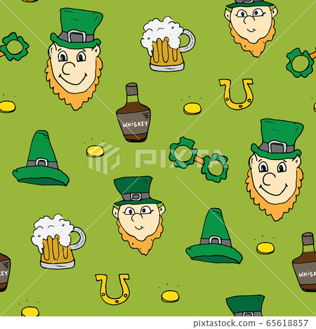 St Patrick's Day hand drawn doodle Seamless pattern, vector illustration background. 65618857