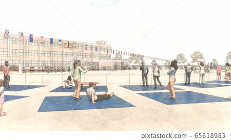 Illustration of school athletic meet, general audience, and building Illustration of school athletic meet, general audience, and building 65618983