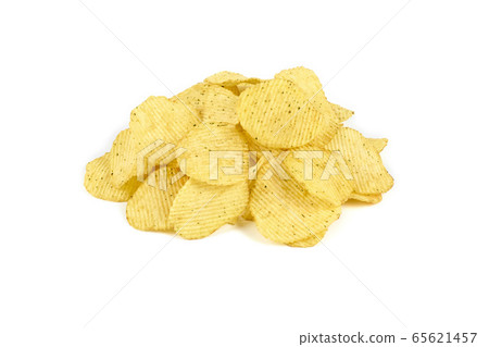 pile of yellow crispy ribbed potato chips isolated on white background pile of yellow crispy ribbed potato chips isolated on white background 65621457