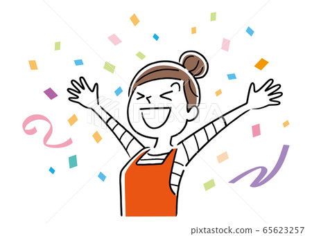 Stock Illustration: housewife, woman, happy with confetti in the background Stock Illustration: housewife, woman, happy with confetti in the background 65623257