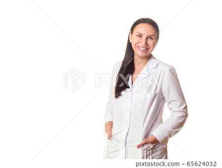 Family doctor, therapist, physician, dentist or cosmetologist. Caucasian friendly smiling adult woman in medical gown, half-length portrait, isolated on white. Family doctor, therapist, physician, dentist or cosmetologist. Caucasian friendly smiling adult woman in medical gown, half-length portrait, isolated on white. 65624032