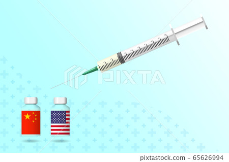 Chinese and american vaccine doses with syringe 3D vector illustration Chinese and american vaccine doses with syringe 3D vector illustration 65626994
