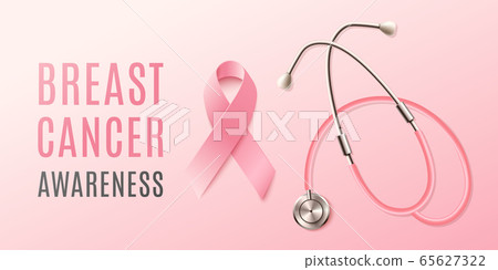 Banner for cancer awareness day with pink ribbon, realistic vector illustration. 65627322