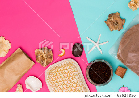 Various spa objects on colorful background with Various spa objects on colorful background with 65627850