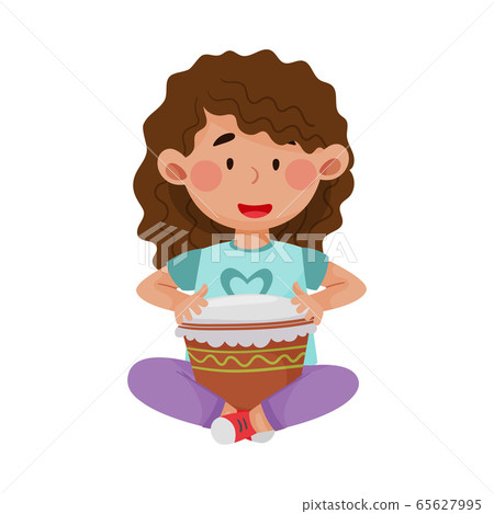 Cute Girl Sitting and Playing Drum Vector Illustration 65627995