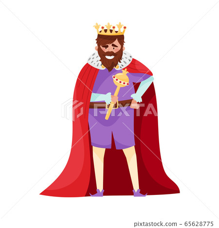 Bearded King with Crown and Scepter Wearing Red Mantle Vector Illustration 65628775