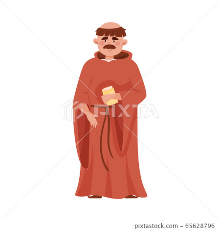 Priest or Monk Wearing Brown Hooded Gown Vector Illustration. 65628796