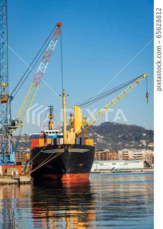 Container ship and cranes in the seaport of La Spezia Liguria Italy Container ship and cranes in the seaport of La Spezia Liguria Italy 65628812