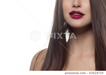 Beauty closeup of women full red lips with shiny Beauty closeup of women full red lips with shiny 65629734