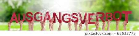 People Hands Holding Word Ausgangsverbot Means 65632772