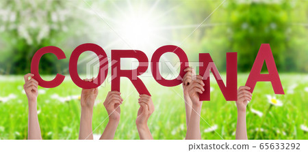 People Hands Holding Word Corona, Grass Meadow People Hands Holding Word Corona, Grass Meadow 65633292