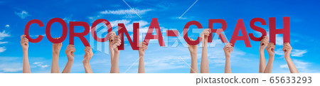 People Hands Holding Word Corona-Crash, Blue Sky People Hands Holding Word Corona-Crash, Blue Sky 65633293