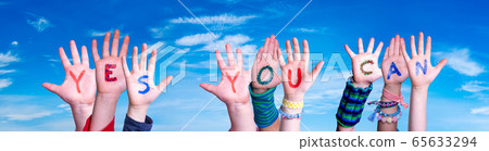 Children Hands Building Word Yes You Can, Blue Sky Children Hands Building Word Yes You Can, Blue Sky 65633294