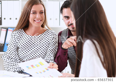 Group of people sit in office deliberate on problem 65637301