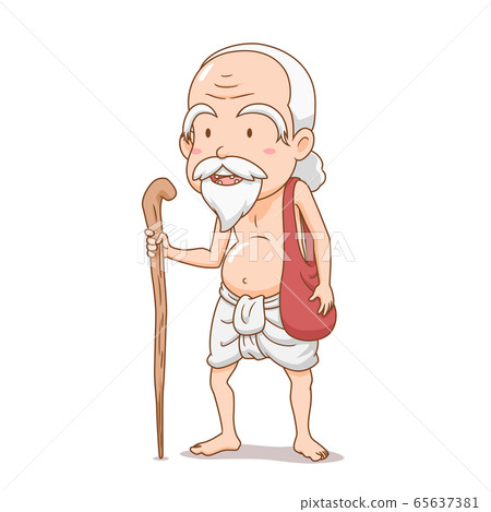 Cartoon character of the old brahmin holding staff. Cartoon character of the old brahmin holding staff. 65637381