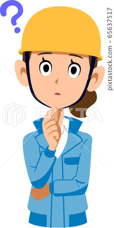 Woman in blue workwear wearing helmet having doubts Woman in blue workwear wearing helmet having doubts 65637517