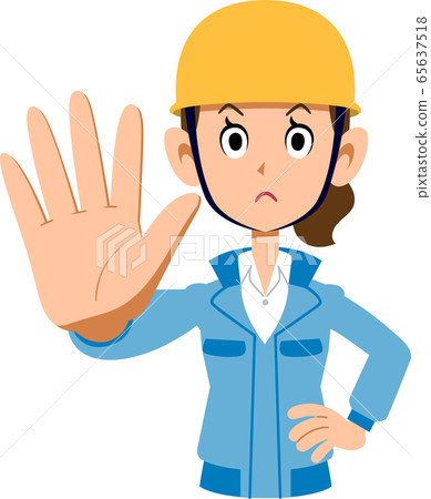 Woman in blue work clothes wearing a helmet to stop 65637518