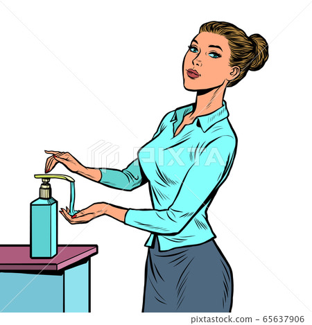 a woman uses a hand sanitizer 65637906