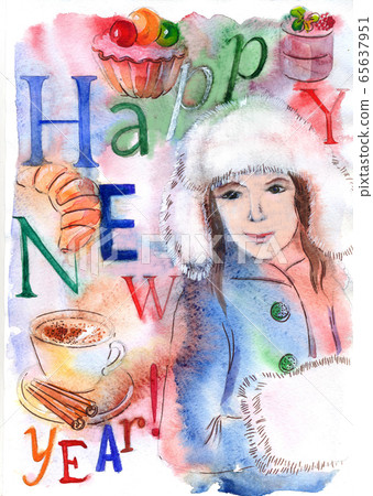 Happy New Year, watercolor illustration Happy New Year, watercolor illustration 65637951