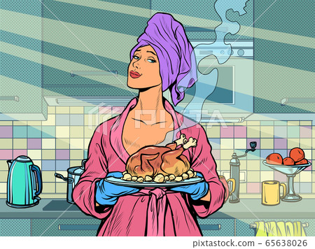 Woman with ready fried poultry chicken duck Woman with ready fried poultry chicken duck 65638026