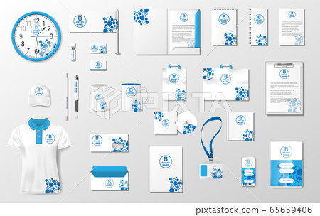 Corporate identity template mockup. Brand blue color abstract geometric mockup on uniform, pack, mug, letterhead, annual report. Realistic Vector Stationery illustration 65639406