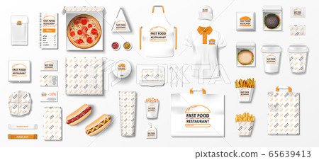 Mockup for pizzeria, cafe, fast food restaurant. Branding set of pizza, uniform, popcorn, hamburger, hot dog, paper pack. Coffee, Fast food package elements Top view. vector Mockup for pizzeria, cafe, fast food restaurant. Branding set of pizza, uniform, popcorn, hamburger, hot dog, paper pack. Coffee, Fast food package elements Top view. vector 65639413