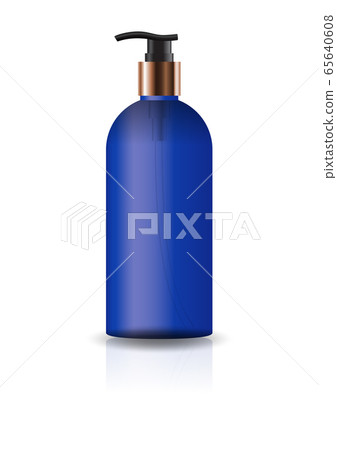 Blank blue cosmetic round bottle with pump head for beauty or healthy product. Isolated on white background with reflection shadow. Ready to use for package design. Vector illustration. 65640608