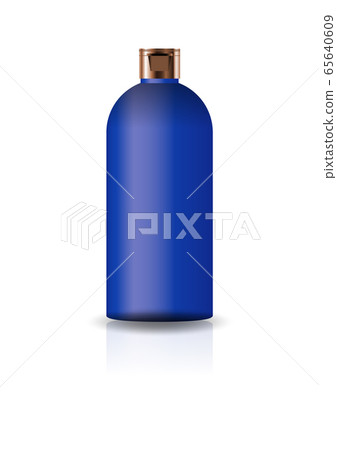 Blank blue cosmetic round bottle with cap lid for beauty or healthy product. Isolated on white background with reflection shadow. Ready to use for package design. Vector illustration. 65640609