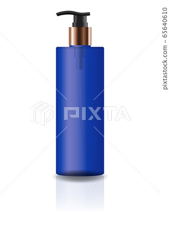Blank blue cosmetic cylinder bottle with pump head for beauty or healthy product. Isolated on white background with reflection shadow. Ready to use for package design. Vector illustration. 65640610
