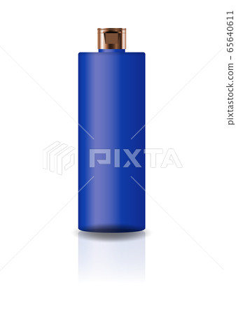Blank blue cosmetic cylinder bottle with cap lid for beauty or healthy product. Isolated on white background with reflection shadow. Ready to use for package design. Vector illustration. 65640611