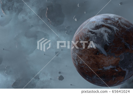 Lifeless Earth planet in space asteroid field 65641024