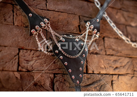 Sexual kink and erotic games concept. Complete sex toy kit set - cuffs, collar and leash for BDSM fantasy play and bondage restraints. 65641711