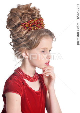 Portrait of cute girl in red dress posing isolated on white background Portrait of cute girl in red dress posing isolated on white background 65642785