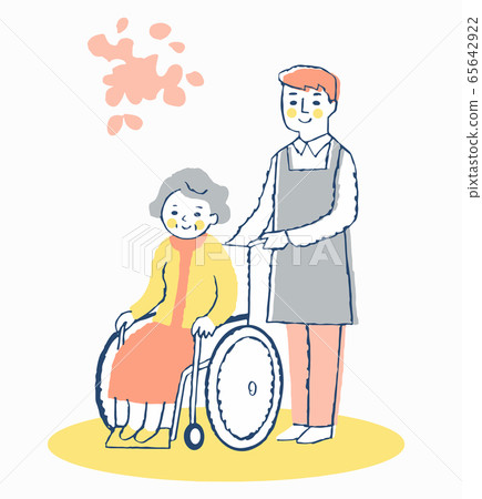 Wheelchair senior female and male care staff - Stock Illustration ...