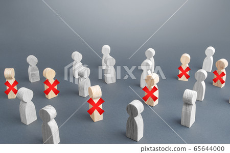 A group of people some of are crossed out with a red cross. Massive staff unemployment, job cuts. Reductions and work layoffs due to restrictive quarantine and pandemic. Lay off employees 65644000