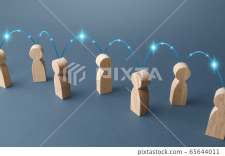 People are connected by a chain of connections. Communication and information transfer. Cooperation, collaboration. Production chain, customers and contractors. Beneficiaries. Economics and barter. 65644011
