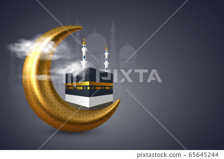 Holy Kaaba with mosque and crescent in the clouds. Holy Kaaba with mosque and crescent in the clouds. 65645244