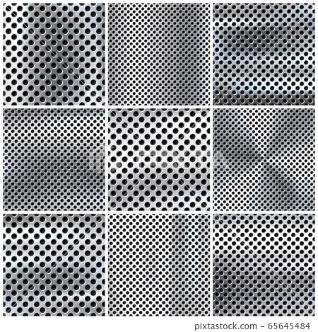 Realistic perforated brushed metal textures set. Polished stainless steel background. Vector 65645484
