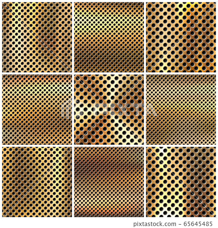 Realistic perforated brushed metal textures set. Polished stainless steel background. Vector 65645485