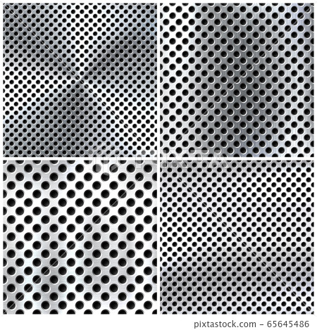 Realistic perforated brushed metal textures set. Polished stainless steel background. Vector 65645486