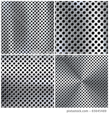Realistic perforated brushed metal textures set. Polished stainless steel background. Vector 65645489